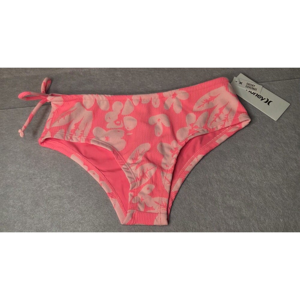 HURLEY Pink Floral Textured Bikini Bottoms Cheeky Coverage Women's Size S NWT